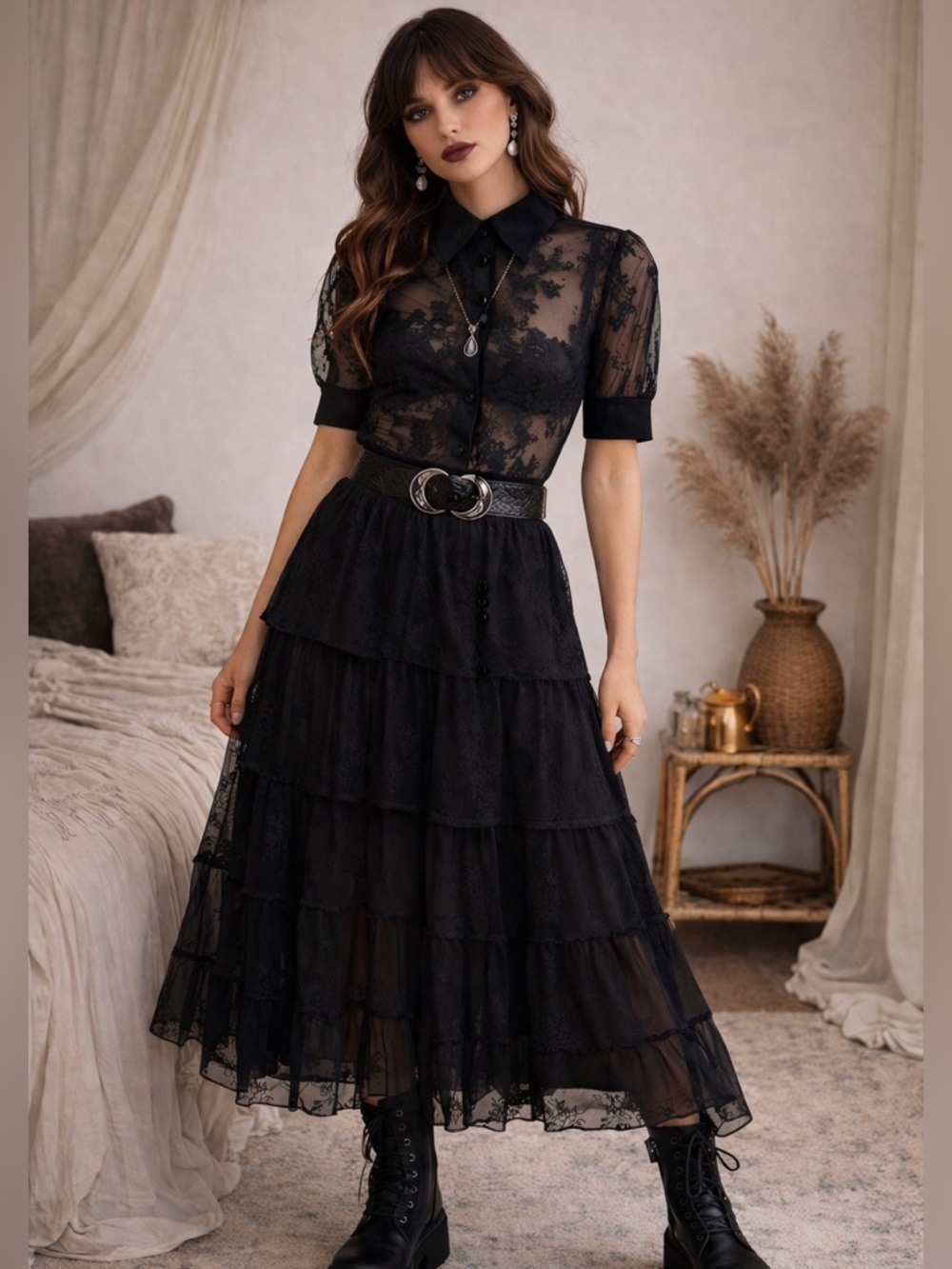 Black lace transparent embroidered blouse romantic whimsigoth size XS feminine